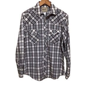 Wrangler Western Shirts Pearl Snap Brown Plaid Shirt L‎